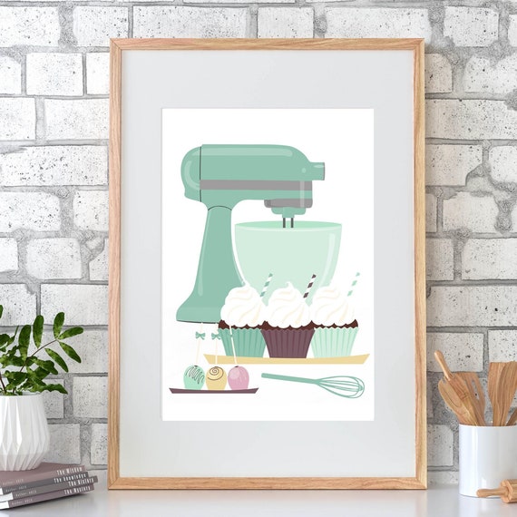 Kitchen Art Mint Vintage Mixer Cupcakes Cake Pops Diy Decor 5x7 8x10 11x14 16x20 Baking Print Kitchen Wall Art Bake Shop Sign