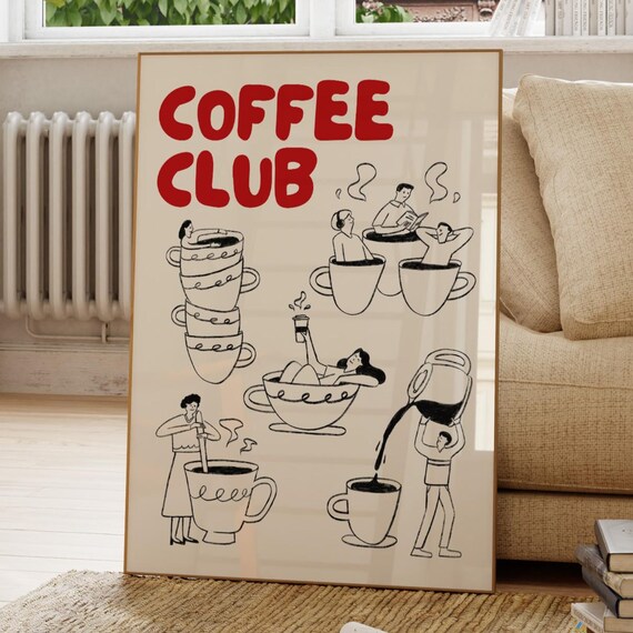 Coffee Club Retro Poster with Whimsical People Bathing in Coffee Cups