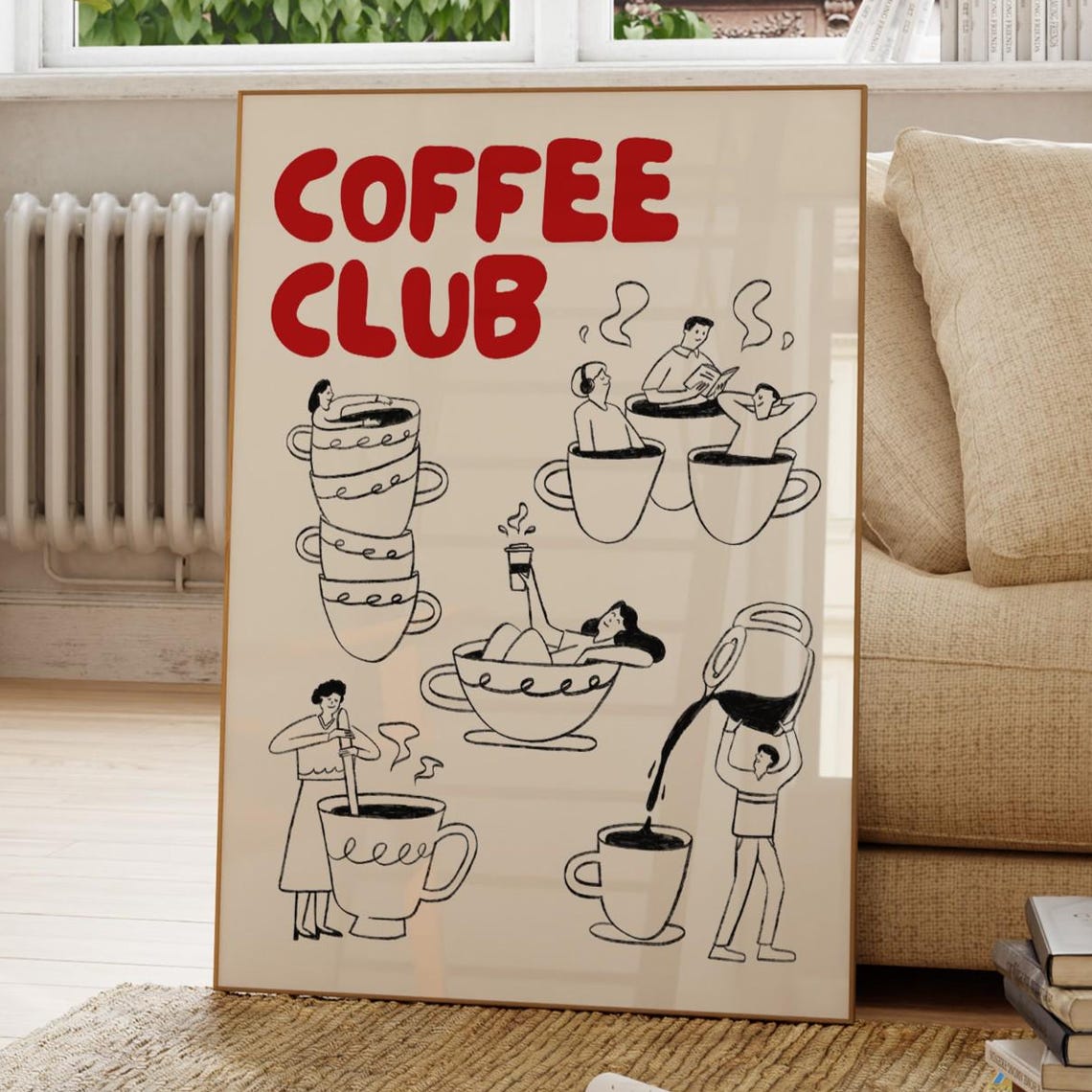 Coffee Club Retro Poster with Whimsical People Bathing in Coffee Cups