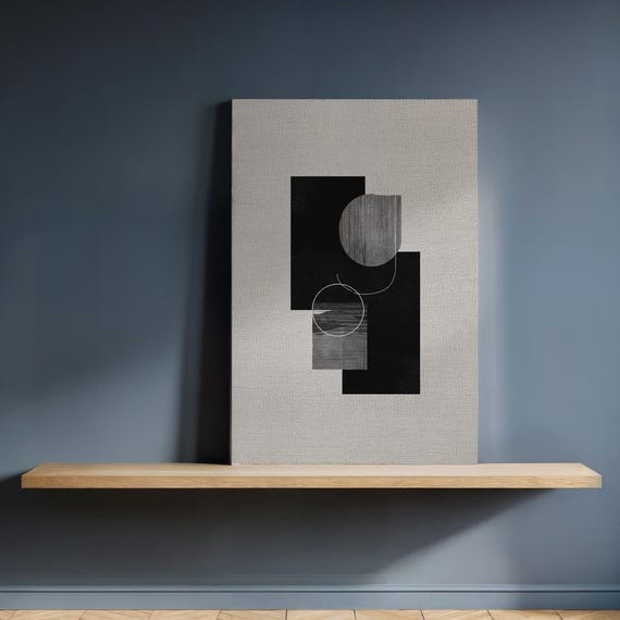Modern Black White Geometric Canvas Wall Art Framed Abstract Shapes On Neutral Texture Minimalist Gift For Contemporary Home Styling
