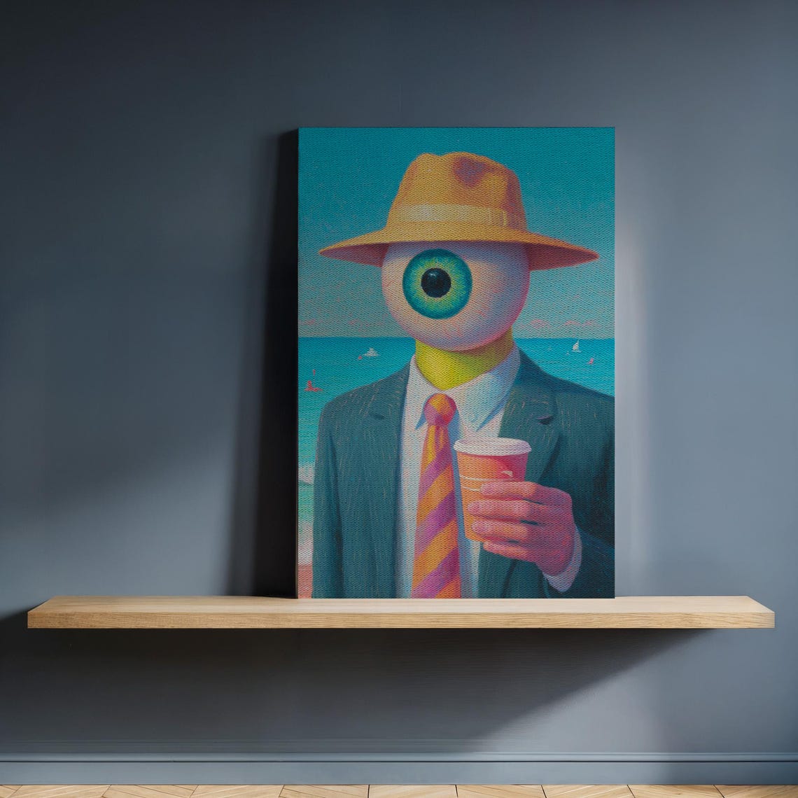 Surreal Giant Eyeball Businessman Coffee Beach Portrait Wall Art