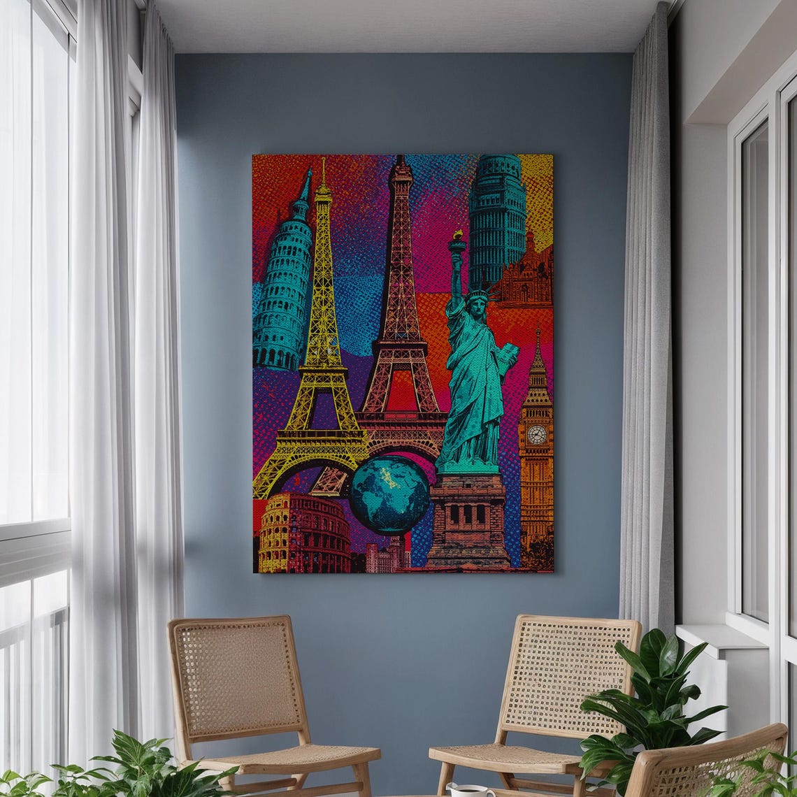 Pop Art World Landmarks Vibrant Eiffel Tower Liberty Big Ben Poster