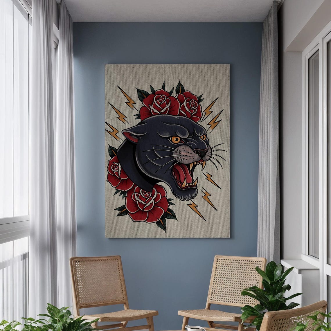 Roaring Panther with Red Roses Vintage Tattoo Style Wall Poster