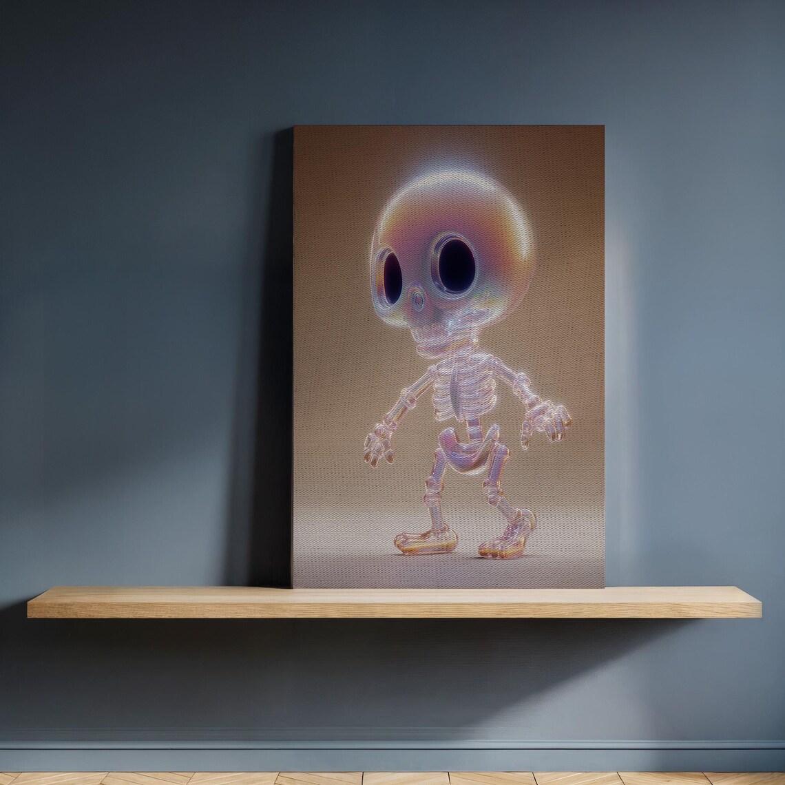 Framed Holographic Skeleton Canvas Wall Art Cute Scifi Skull Character Print Glossy Iridescent 3d Poster For Modern Pop Decor