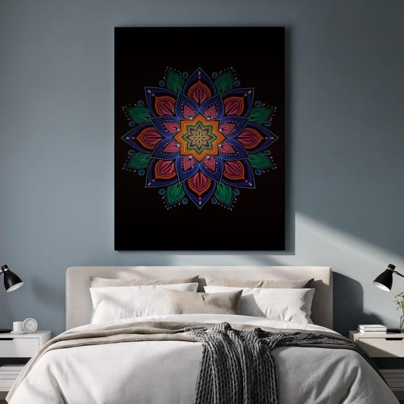 Framed Colorful Mandala Canvas Wall Art Boho Geometric Floral Pattern On Black Centerpiece Spiritual Print For Yoga Room Or Modern Space