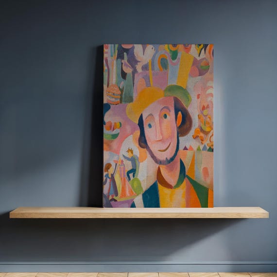 Whimsical Man Portrait Canvas Wall Art Abstract Character With Yellow Hat Framed Playful Colorful Painting For Cheerful Home Interiors