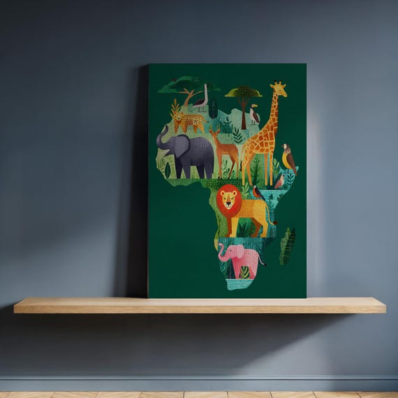 African Wildlife Map Canvas Art Colorful Animal Illustration In Africa Shape Framed Safari Jungle Wall Print For Kids Room Or Nature Decor