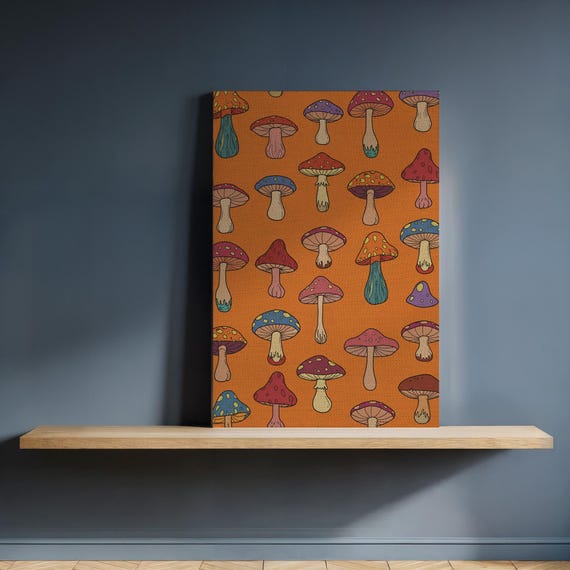 Playful Mushroom Pattern Canvas Wall Art Colorful Fungi Illustration Print Framed Whimsical Artwork For Fun Cozy Kitchen Or Living Room