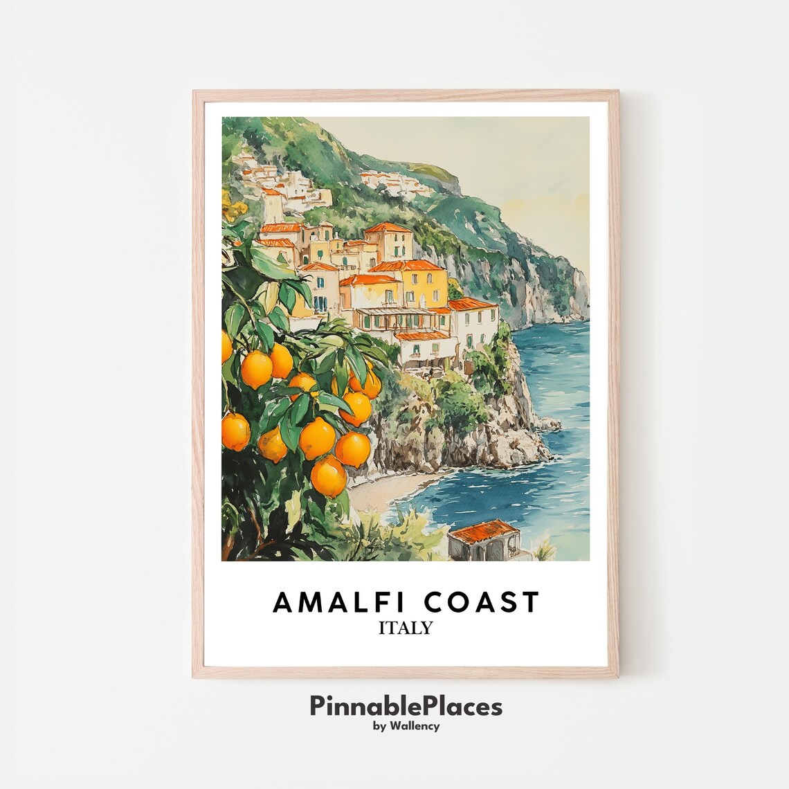 Amalfi Coast Italy Lemon Tree Cliffside Watercolor Art Decor Poster