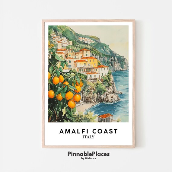 Amalfi Coast Italy Lemon Tree Cliffside Watercolor Art Decor Poster