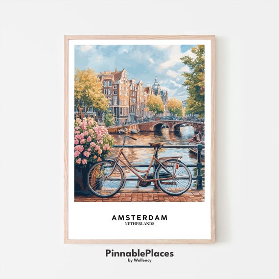 Amsterdam Canal Art Print Bicycle Flowers Illustration File