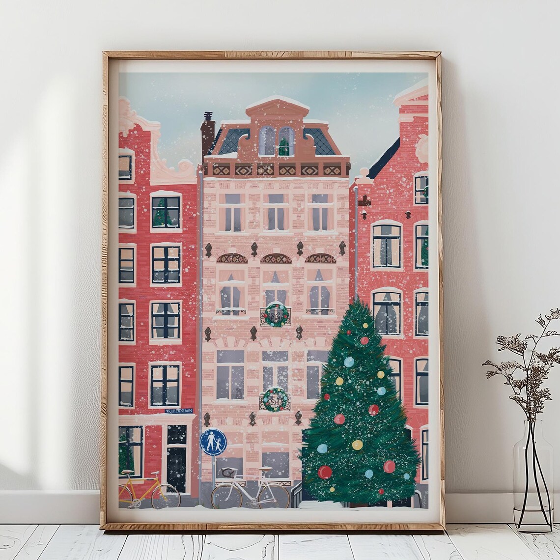 X Mas In Amsterdam City Illustration Christmas Amsterdam Travel Poster Holland Christmas Travel Print Amsterdam Holiday Gift