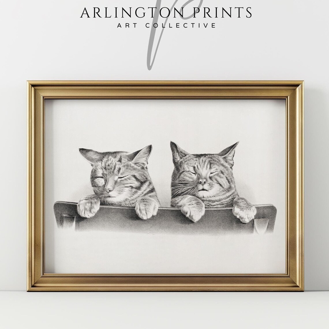 Two Sleepy Tabby Cats Napping Over a Chair Pencil Sketch Poster