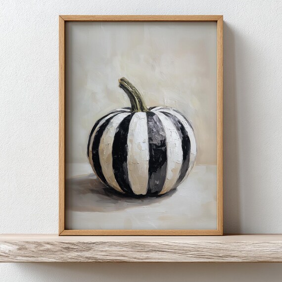 Black And White Pumpkin Print Modern Farmhouse Halloween Wall Art Striped Fall Painting Neutral Autumn Home Decor