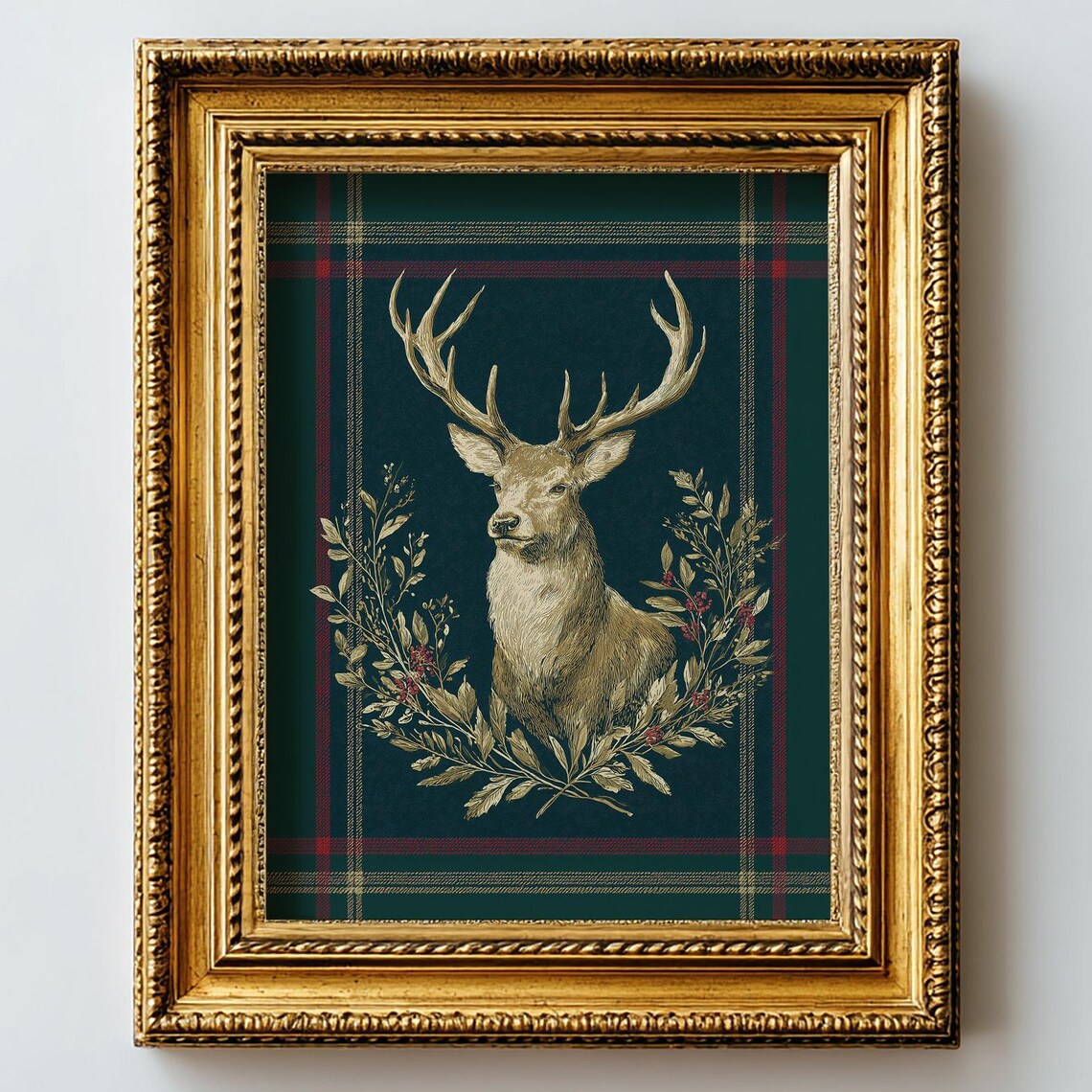 Rustic Plaid Holiday Stag With Antlers Vintage Christmas Poster