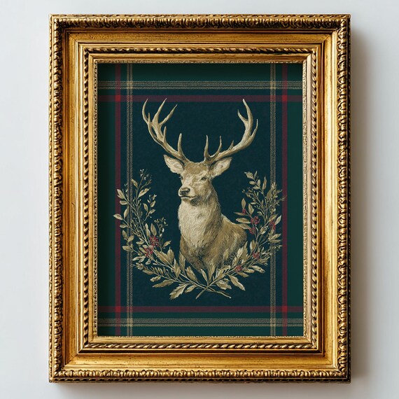Rustic Plaid Holiday Stag With Antlers Vintage Christmas Poster