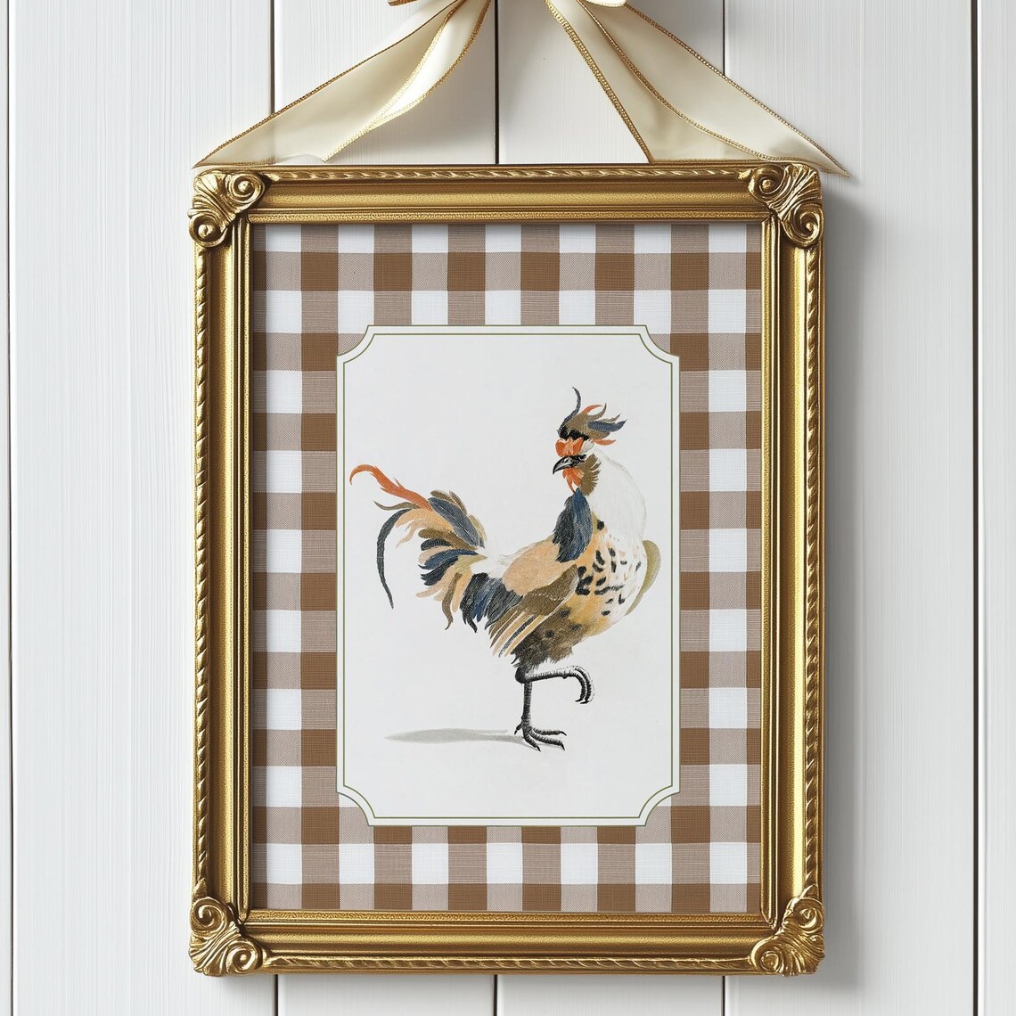 Vintage Chicken Kitchen, Gingham Farmhouse Art Print