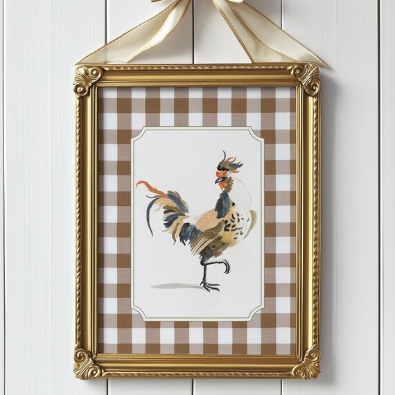 Vintage Chicken Kitchen, Gingham Farmhouse Art Print