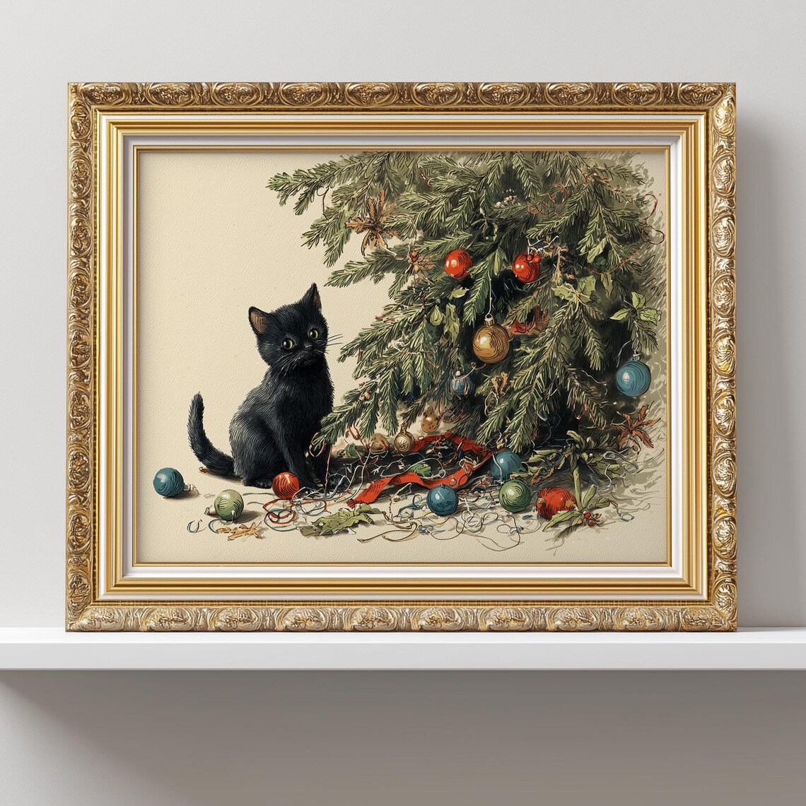 Naughty Black Kitty Christmas Tree Vintage Holiday Cat Art Poster