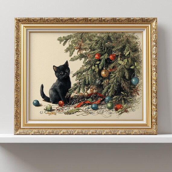 Naughty Black Kitty Christmas Tree Vintage Holiday Cat Art Poster