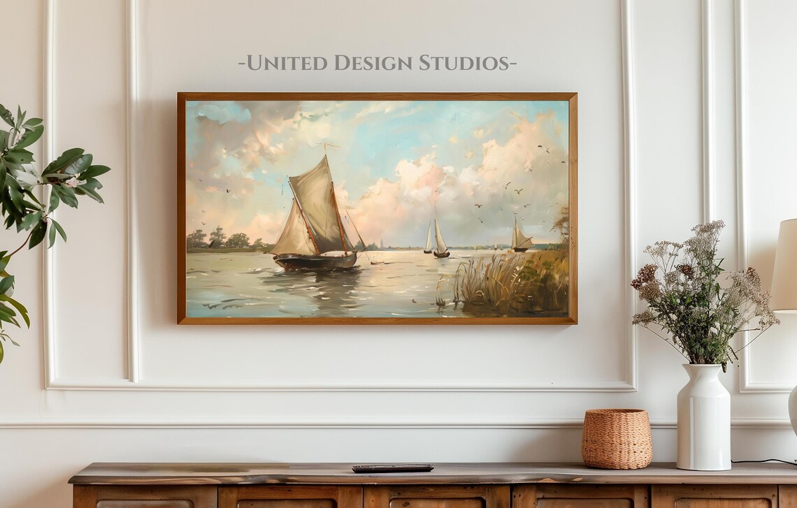 Sailboat Coastal Seascape Painting Vintage Boats Sunset Harbor View Art Poster - Image 4