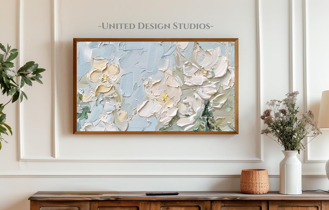 Abstract White Flowers Impasto Texture Blue Cream Art Poster - Image 4
