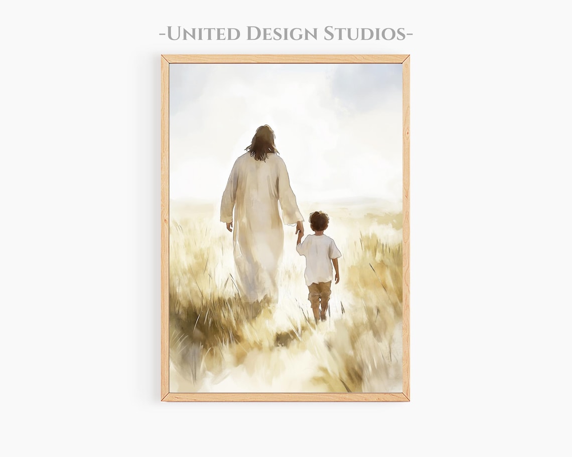 Jesus Walking With A Young Boy, Christian Art Print
