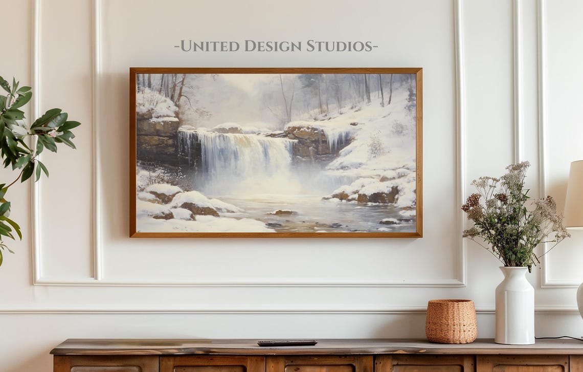 Frozen Winter Waterfall Snowy Rocks Landscape Painting Wall Art - Image 4