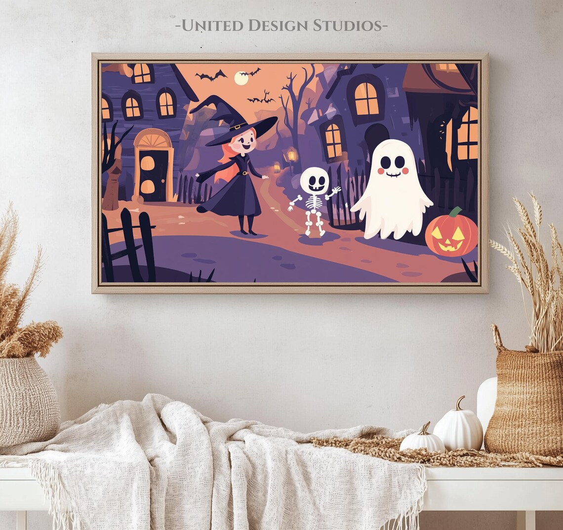 Cute Halloween Witch Ghost Skeleton Spooky Street Night Kids Art Poster - Image 4