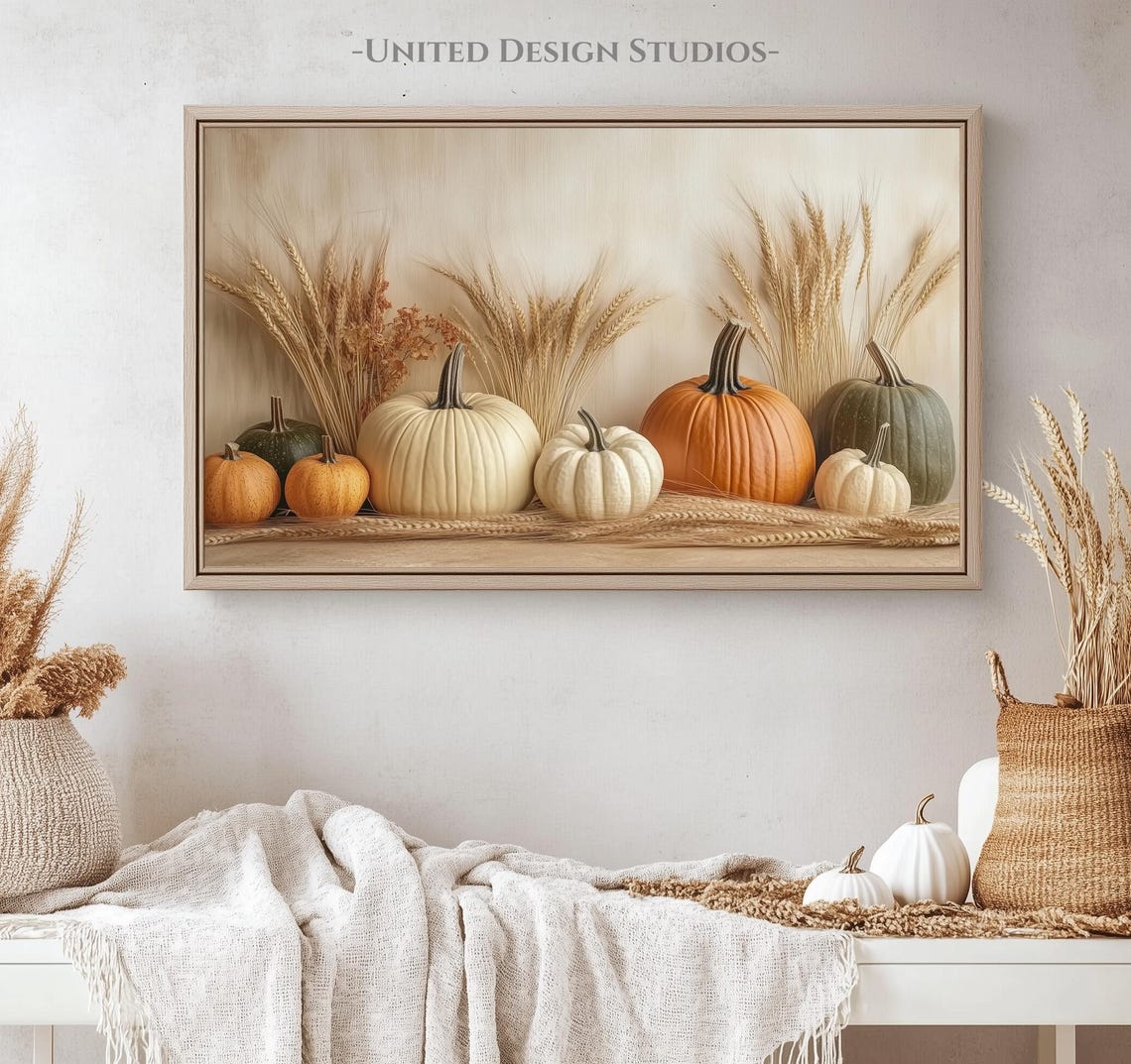 Neutral Pumpkins Wheat Stalks Fall Still Life Farmhouse Art Print - Image 4