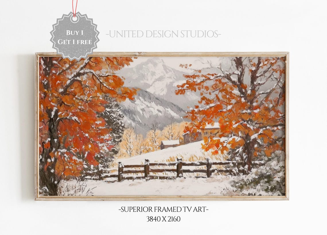 Snowy Mountains Orange Autumn Trees Wooden Fence Winter Scene Poster