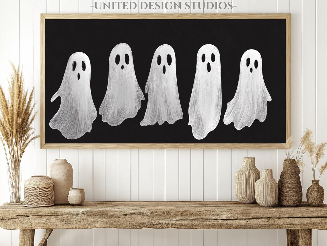 Five White Ghosts Black Background Minimalist Cute Halloween Poster - Image 2