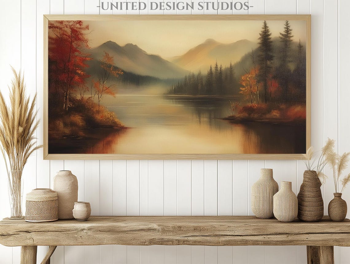 Fall Mountain Lake Misty Autumn Landscape Oil Painting Poster - Image 3