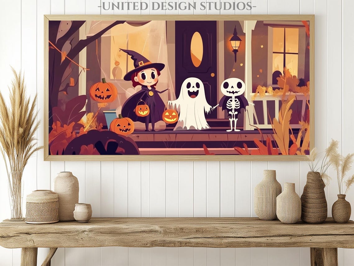 Cute Halloween Porch Witch Ghost Skeleton Pumpkins Trick Treat Poster - Image 2