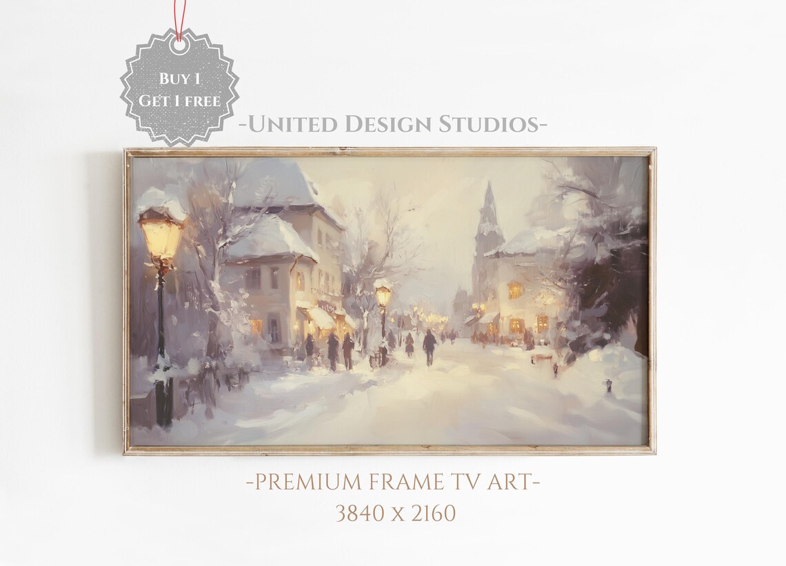 Snowy European Town Street Lamplight Winter Village Wall Art