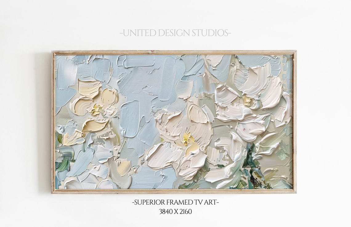 Abstract White Flowers Impasto Texture Blue Cream Art Poster