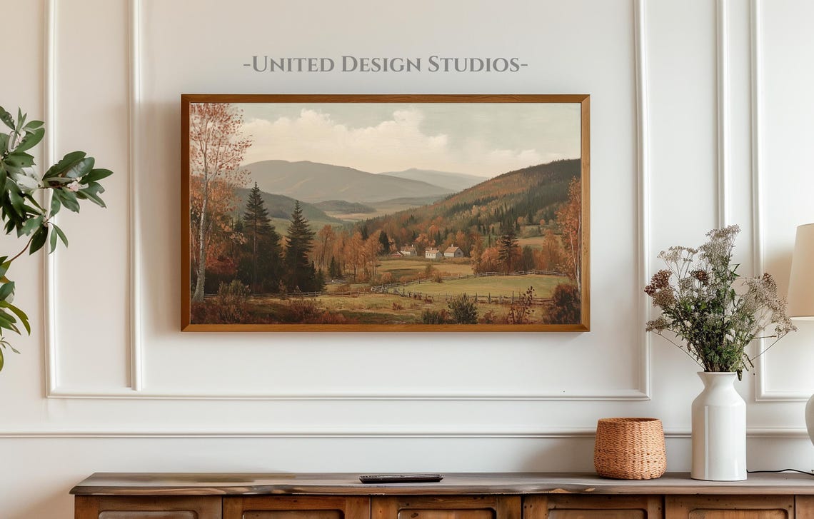 Autumn Valley Mountains Farmhouses Fall Foliage Vintage Art Print - Image 3