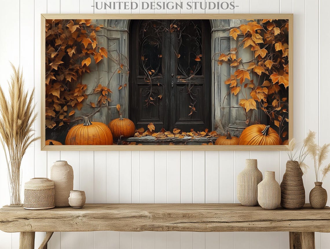 Dark Gothic Door With Pumpkins Fall Halloween Entryway Wall Art - Image 3