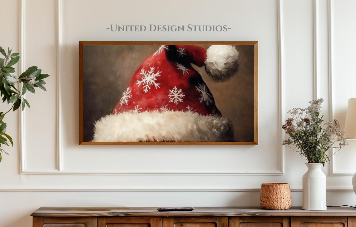 Frame Tv Winter Art Classic Neutral Painting Of Santas Hat Frame Tv Art Farmhouse Christmas Tv Art Holiday Frame Tv Art - Image 3