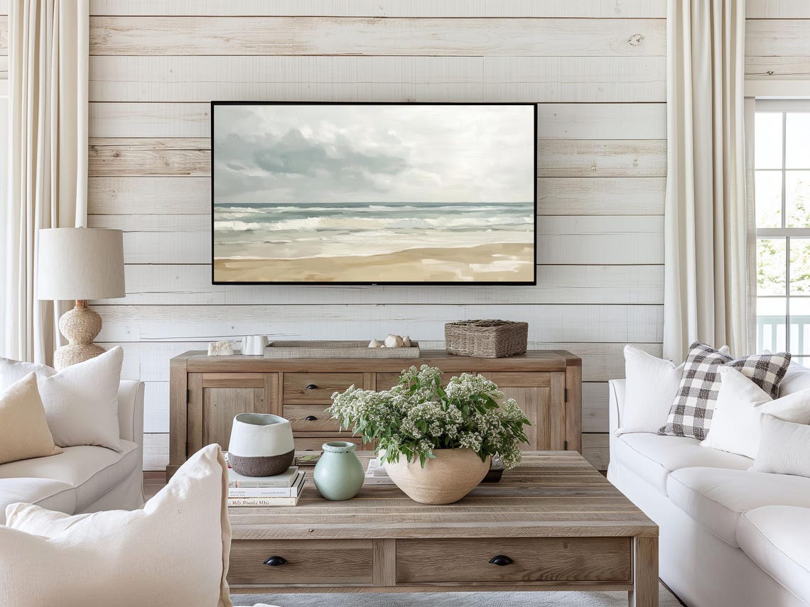 Moody Neutral Seascape Beach Painting Ocean Waves Cloudy Sky Poster - Image 3