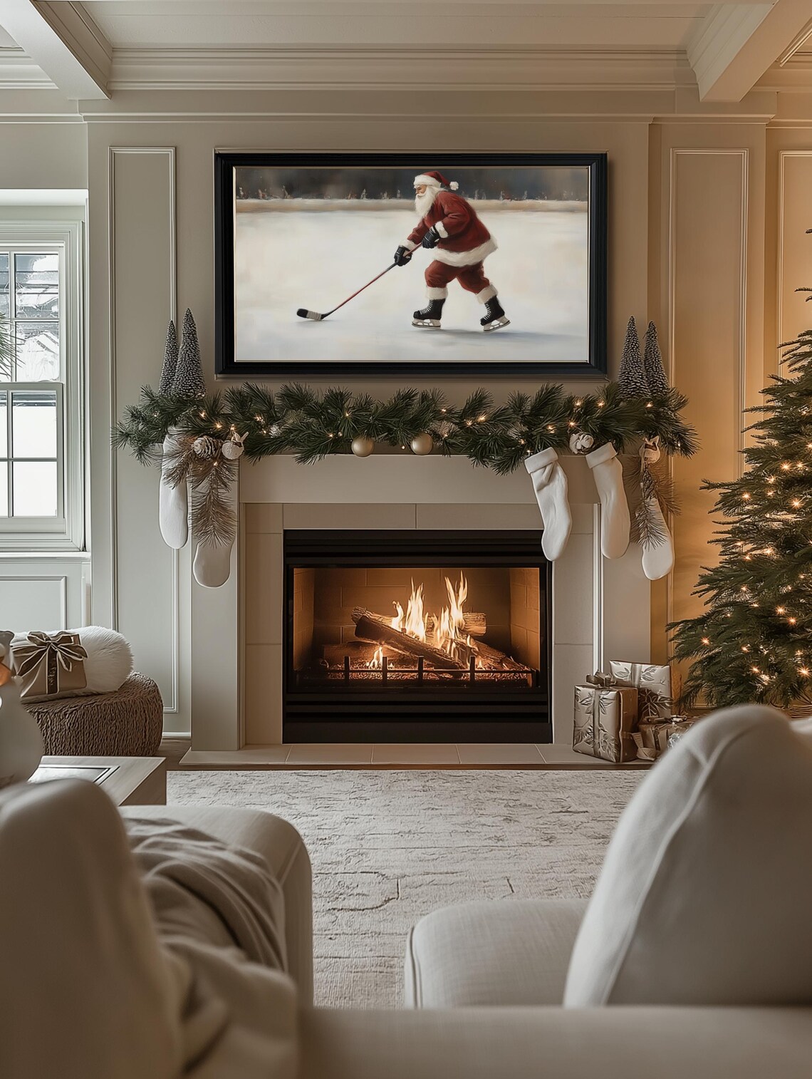 Santa Playing Hockey Christmas Art Print, Classic Santa - Image 3