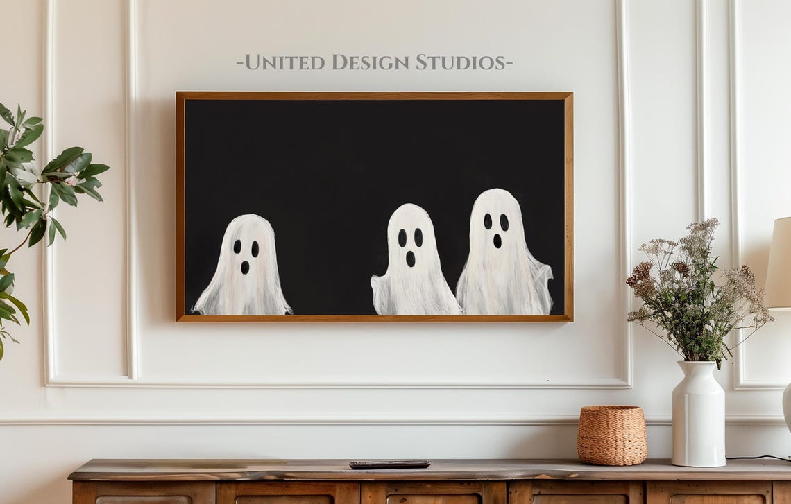 Three White Ghosts Black Background Minimalist Halloween Spooky Poster - Image 3