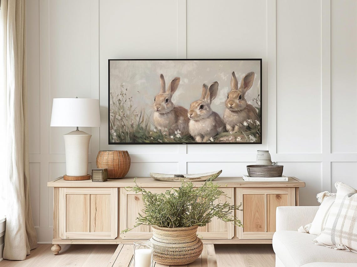 Three Baby Bunnies In Grassy Meadow Neutral Easter Rabbit Wall Art - Image 4