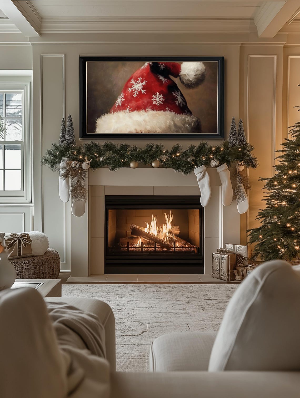 Frame Tv Winter Art Classic Neutral Painting Of Santas Hat Frame Tv Art Farmhouse Christmas Tv Art Holiday Frame Tv Art - Image 2