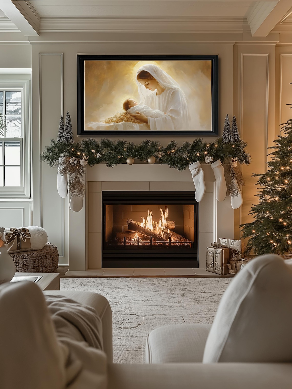 Madonna and Child Jesus Glowing Halo Warm Christian Christmas Poster - Image 2