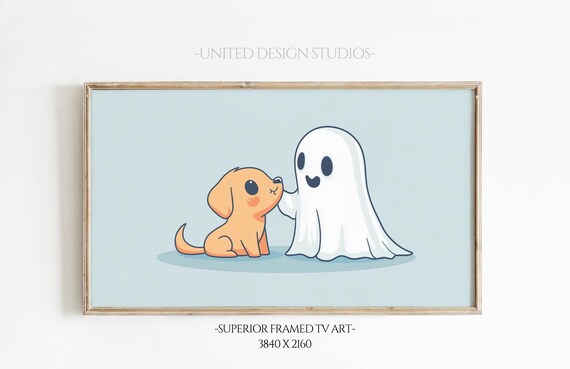 Cute Ghost And Puppy Cartoon Pastel Blue Halloween Art Poster
