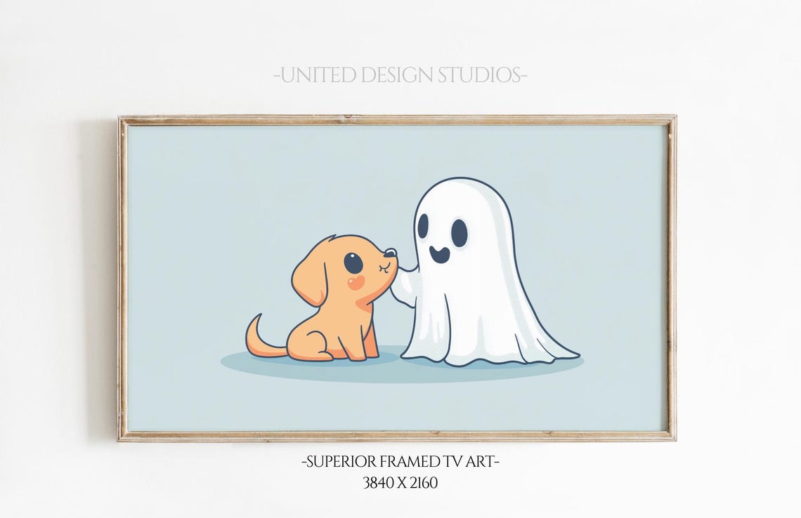 Cute Ghost And Puppy Cartoon Pastel Blue Halloween Art Poster