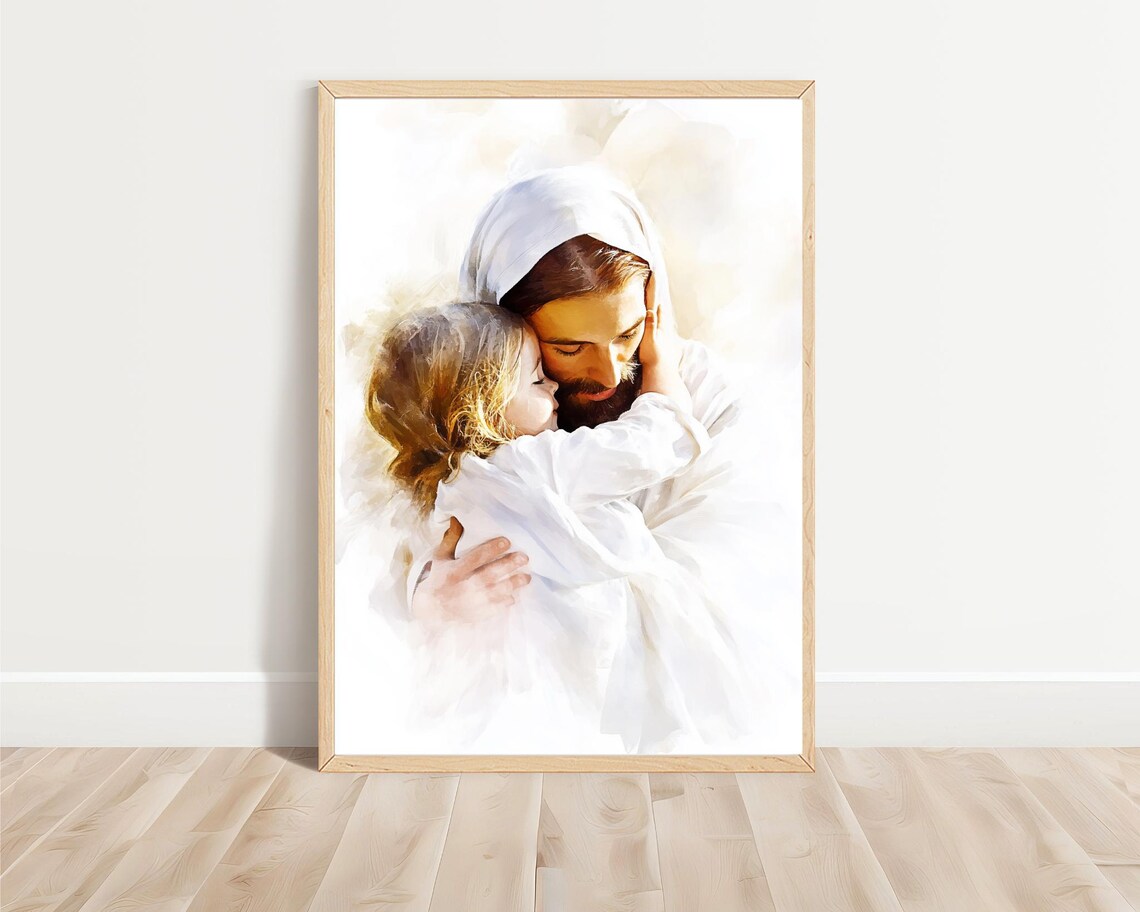 Jesus Embracing Child Tender Hug Watercolor Love Christian Art Poster - Image 3