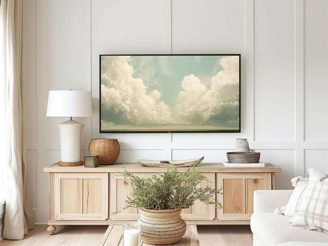 White Clouds Blue Sky Abstract Spring Landscape Painting Wall Art - Image 5