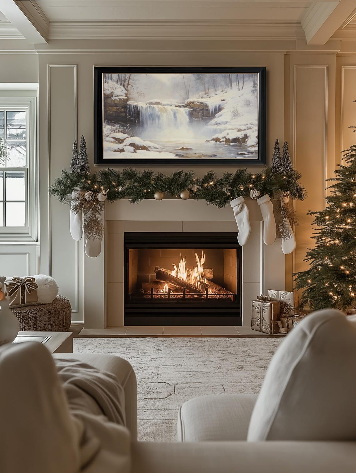 Frozen Winter Waterfall Snowy Rocks Landscape Painting Wall Art - Image 3